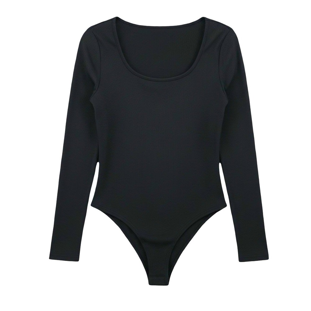 Shein Bodysuit Size‎ L Ribbed Scoop Neck Long Sleeve Fitted Black Layering